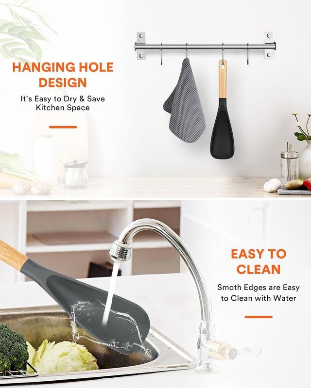 Cooking Spoon for Nonstick Cookwares, Great for Cooking and Serving Sturdy BPA-Free Matte Silicone, Wood Handle Spoon for Mixing, Scoop, and Scrape (Black & Grey, 11.4 inch): Home & Kitchen