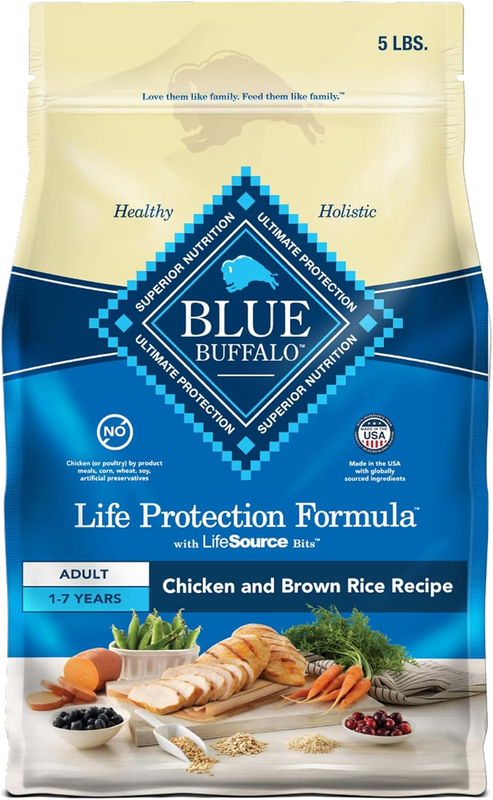 Blue Buffalo Life Protection Formula Adult Dry Dog Food, Helps Build and Maintain Strong Muscles, Made with Natural Ingredients, Chicken & Brown Rice Recipe, 5-lb. Bag : Pet Supplies