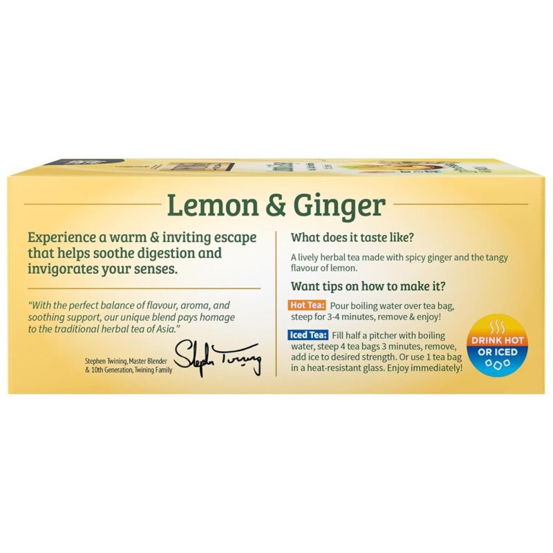 Twinings Lemon & Ginger Herbal Tea Individually Wrapped Bags, 100 Count (Pack of 1), Tangy Lemon, Spicy Ginger, Naturally Caffeine-Free, Enjoy Hot or Iced | Packaging May Vary : Grocery & Gourmet Food
