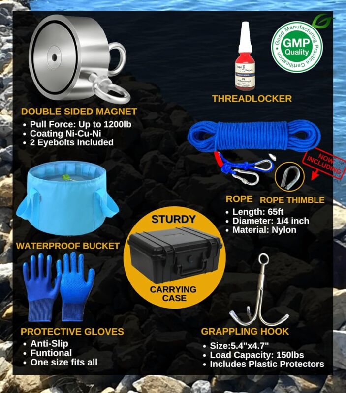 Logui Projects 1200 LB Magnet Fishing Kit with Case - 2 Fishing Magnets in 1 (Double Sided Magnet) - with Grappling Hook, Heavy Duty 65FT Rope, Gloves, Carabiner and Foldable Bucket. : Industrial & Scientific