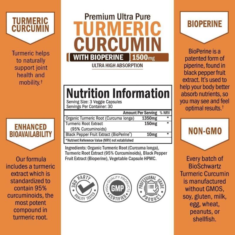 Turmeric Curcumin with Black Pepper Extract 1500mg - High Absorption Ultra Potent Turmeric Supplement with 95% Curcuminoids and BioPerine - Non GMO Tumeric Capsules for Joint Support - 90 Capsules : Health & Household