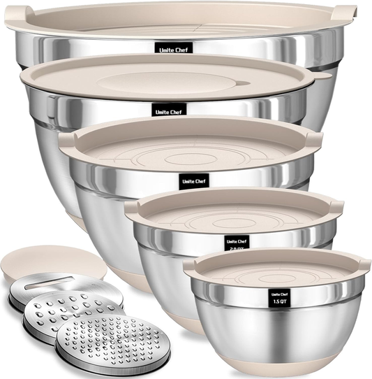 Umite Chef Mixing Bowls with Airtight Lids Set, 8PCS Stainless Steel Khaki Nesting Bowls with Grater Attachments, Kitchen Bowls with Non-Slip Bottoms, Size 5, 4, 3.5, 2, 1.5QT for Mixing & Serving: Home & Kitchen