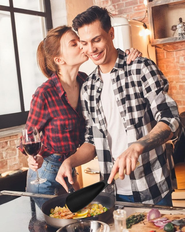 Cooking Spoon for Nonstick Cookwares, Great for Cooking and Serving Sturdy BPA-Free Matte Silicone, Wood Handle Spoon for Mixing, Scoop, and Scrape (Black & Grey, 11.4 inch): Home & Kitchen