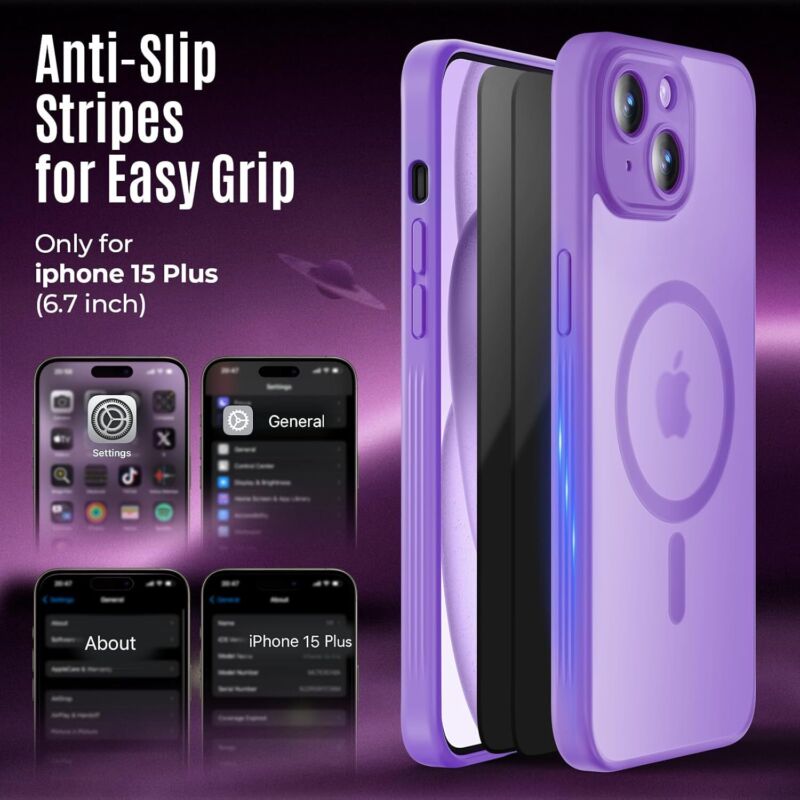 Symcele Designed for iPhone 15 Case, Compatible with MagSafe, with Privacy Screen Protectors X2, [Camera Protection] [15FT Military Drop Protection] Shockproof Phone Case, 6.1", Light Purple : Cell Phones & Accessories
