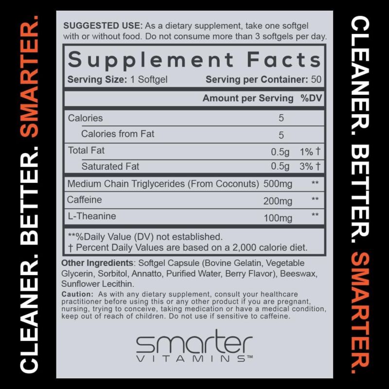 SmarterVitamins 200mg Caffeine Pills - MCT Oil from 100% Coconuts + 100mg L-Theanine, Energy and Focus, Extended Release Capsule, 50 Liquid Softgels : Health & Household