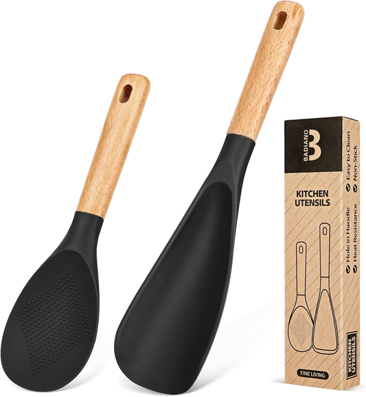 Cooking Spoon and Rice Scooper for Nonstick Cookwares, Great for Cooking and Serving Sturdy BPA-Free Matte Silicone, Wood Handle Spoon for Mixing, Scoop, and Scrape (Black): Home & Kitchen