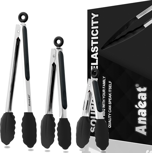 Anaeat Non-Stick Silicone Locking Tong Set of 3 - Stainless Steel 7", 9", 12" Kitchen Food Tongs with Non-Slip Silicone Tips and Grip for Cooking, Baking and BBQ - Heat Resistant up to 480°F (Black): Home & Kitchen