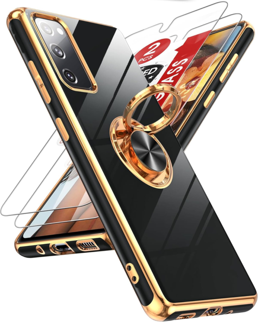 LeYi for Samsung Galaxy S20-FE-5G Case: S20FE/S 20FE Phone Case with Tempered Glass Screen Protector [2 Pack], Ring Holder Magnetic Kickstand, Plating Rose Gold Protective Case for Women Girls, Black : Cell Phones & Accessories