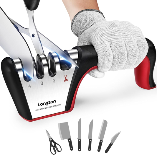 Longzon 4-in-1 Knife Sharpener [4 Stage] with a Pair of Cut-Resistant Glove, Original Premium Polish Blades, Best Kitchen Knife Sharpener Really Works for Ceramic and Steel Knives, Scissors.: Home & Kitchen