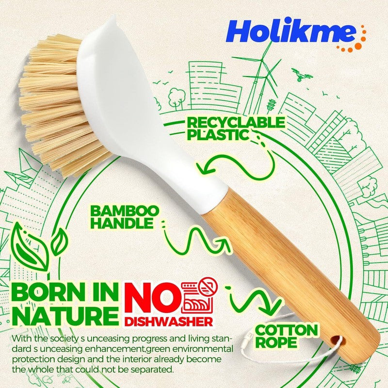 Holikme 3 Pack Dish Brush Set with Bamboo Handle, Kitchen Brushes for Cleaning Pot, Sink and Stove, Skillet Scrubber with Tough Bristles for Cast Iron Grill Pan, Yellow White Black : Health & Household