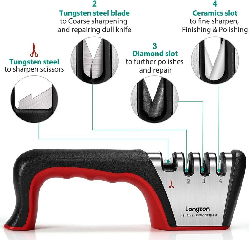 Longzon 4-in-1 Knife Sharpener [4 Stage] with a Pair of Cut-Resistant Glove, Original Premium Polish Blades, Best Kitchen Knife Sharpener Really Works for Ceramic and Steel Knives, Scissors.: Home & Kitchen