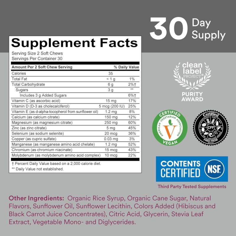 SmartyPants Kids Mineral Chews: Magnesium Citrate & Calcium Supplement with Vitamin D3, Vitamin C, K2, Zinc & Selenium for Immune Support, 60 Count (30 Day Supply)