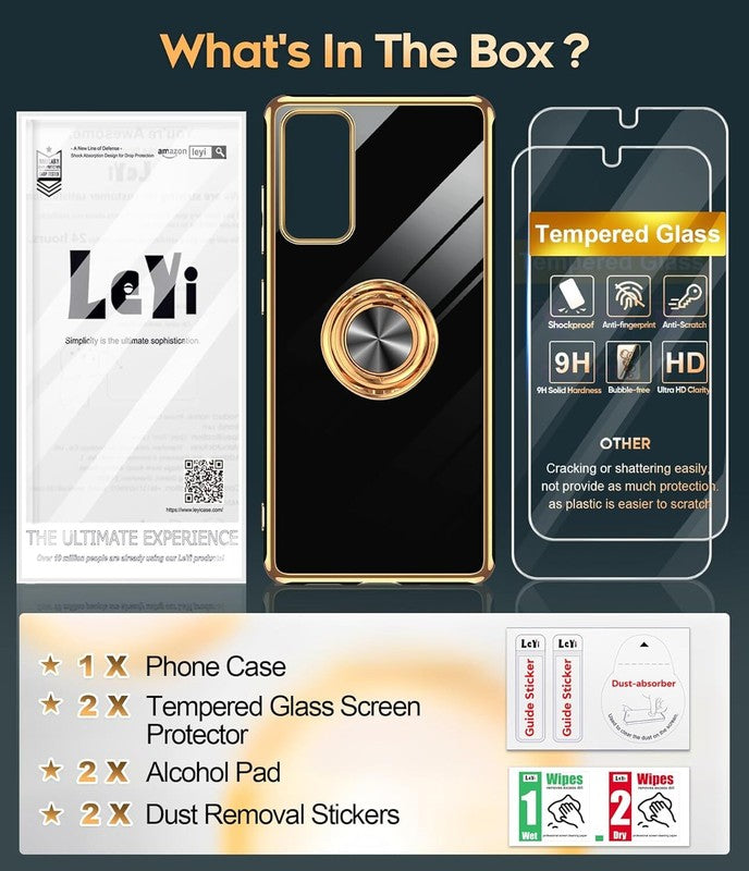 LeYi for Samsung Galaxy S20-FE-5G Case: S20FE/S 20FE Phone Case with Tempered Glass Screen Protector [2 Pack], Ring Holder Magnetic Kickstand, Plating Rose Gold Protective Case for Women Girls, Black : Cell Phones & Accessories