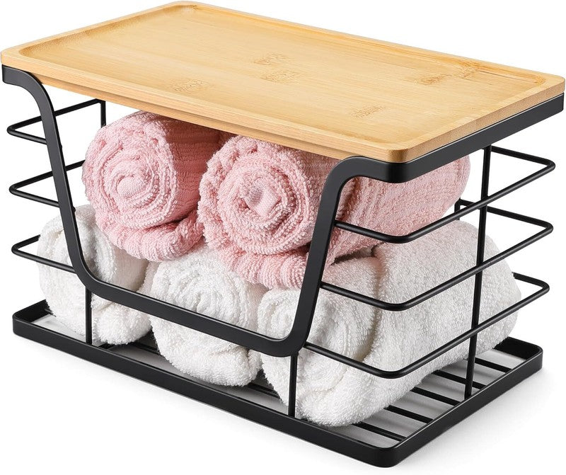 ALOCEO 2 Pack Storage Stackable Kitchen Laundry Organizers with Bamboo Top, Wall Mount Large Trash Bag Holder and Standard Garbage Bag Dispenser: Home & Kitchen