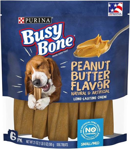 Purina Busy Bone Made in USA Facilities, Long Lasting Small/Medium Breed Adult Dog Chews, Peanut Butter Flavor - 6 Count (Pack of 1), 21 oz : Pet Supplies