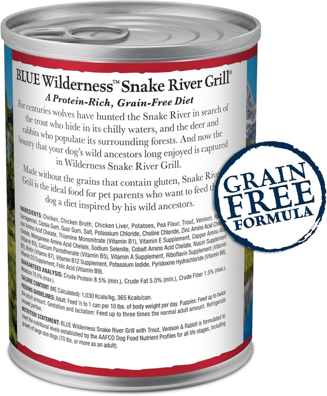 Blue Buffalo Wilderness Snake River Grill Natural High Protein Wet Food for Adult Dogs, Trout, Venison & Rabbit, 12.5-oz Cans, 12 Count