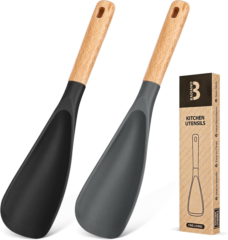 Cooking Spoon for Nonstick Cookwares, Great for Cooking and Serving Sturdy BPA-Free Matte Silicone, Wood Handle Spoon for Mixing, Scoop, and Scrape (Black & Grey, 11.4 inch): Home & Kitchen