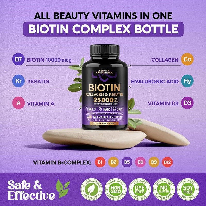 Biotin | Collagen | Keratin - Clinically Tested Supplement - Hair Growth Support, Skin & Nails - 25000 mcg Vitamins B2, B3, B6 & B7 + B1 & Hyaluronic Acid - Made in USA - Women & Men | 60 Capsules : Health & Household