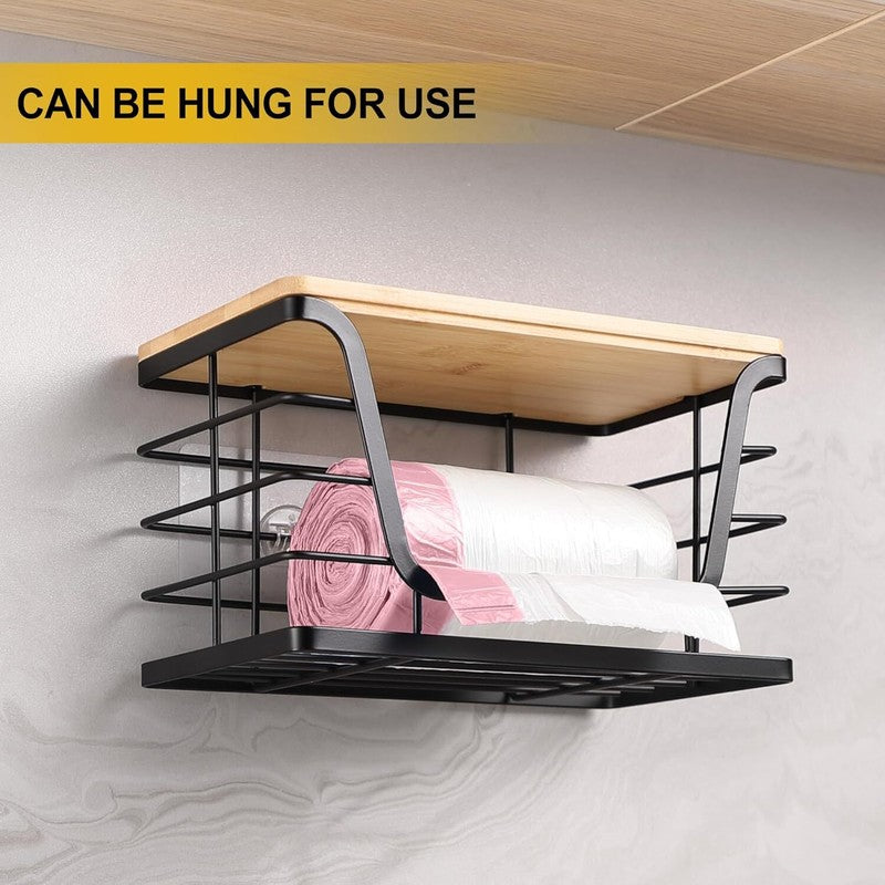 ALOCEO 2 Pack Storage Stackable Kitchen Laundry Organizers with Bamboo Top, Wall Mount Large Trash Bag Holder and Standard Garbage Bag Dispenser: Home & Kitchen