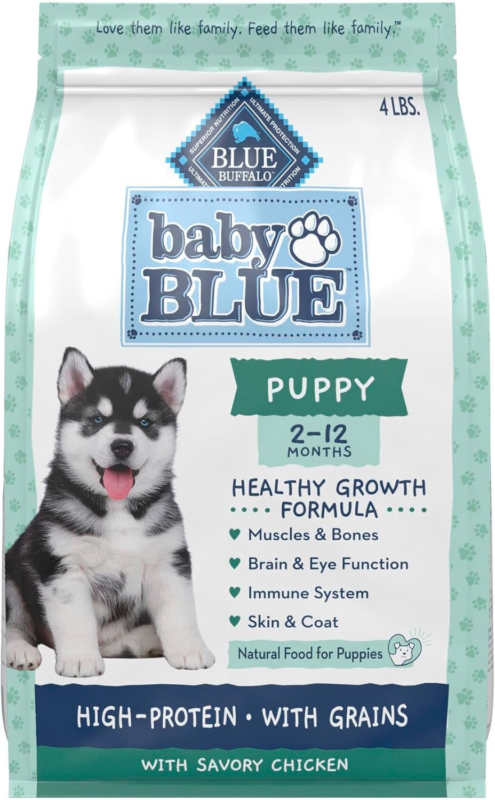 Blue Buffalo Baby Blue Natural Dry Food for Puppies, Healthy Growth Formula with DHA, High-Protein Savory Chicken Recipe, 4-lb. Bag