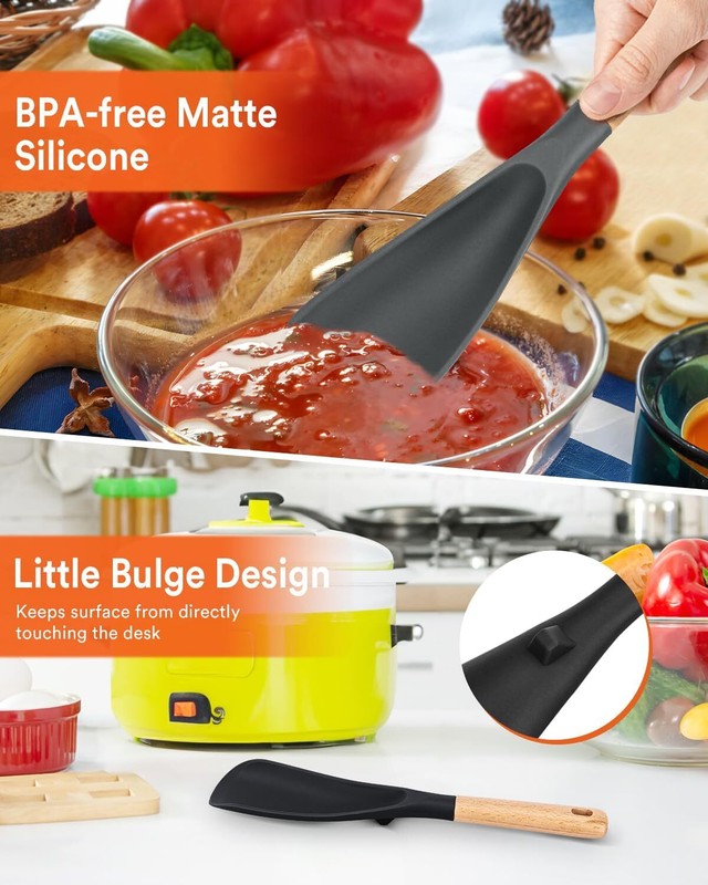 Cooking Spoon for Nonstick Cookwares, Great for Cooking and Serving Sturdy BPA-Free Matte Silicone, Wood Handle Spoon for Mixing, Scoop, and Scrape (Black & Grey, 11.4 inch): Home & Kitchen