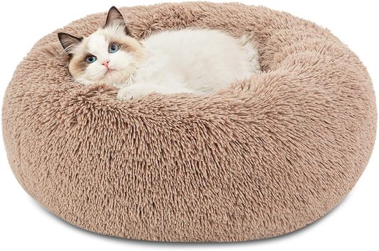 Bedsure Calming Cat Beds for Indoor Cats - Small Cat Bed Washable 20 inches, Anti-Slip Round Fluffy Plush Faux Fur Pet Bed, Fits up to 15 lbs Pets, Camel : Pet Supplies
