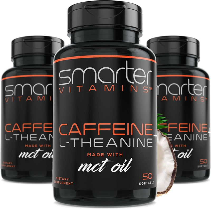 SmarterVitamins (3-Pack 200mg Caffeine Pills with 100mg L-Theanine + Coconut MCT Oil, Energy and Focus, Extended Release Capsule, 150 Liquid Softgels : Health & Household