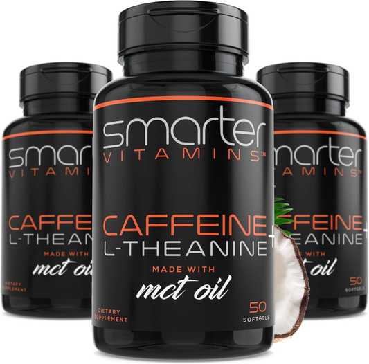 SmarterVitamins (3-Pack 200mg Caffeine Pills with 100mg L-Theanine + Coconut MCT Oil, Energy and Focus, Extended Release Capsule, 150 Liquid Softgels : Health & Household