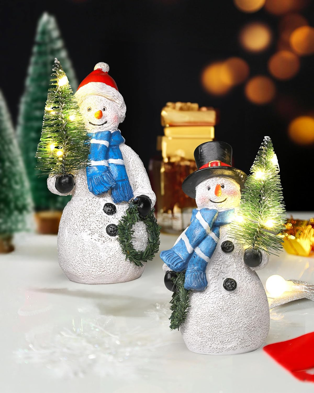 iStatue Resin Snowmen Figurines with Lighted Christmas Tree and Wreath 5'' - Set of 2 Battery Operated - Holiday Decorations Home Decor (Snowman) : Home & Kitchen