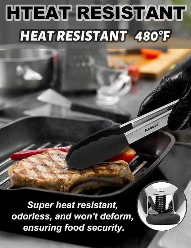 Anaeat Non-Stick Silicone Locking Tong Set of 3 - Stainless Steel 7", 9", 12" Kitchen Food Tongs with Non-Slip Silicone Tips and Grip for Cooking, Baking and BBQ - Heat Resistant up to 480°F (Black): Home & Kitchen