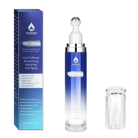 Poeroes Eye Serum with 8% Caffeine 8% Retinol Hyaluronic Acid Niacinamide peptides for Puffy Bags Fine Lines Dark Circles Wrinkles, Under Eye Cream with 360° Roller Massage Ball, 0.5 fl. oz : Beauty & Personal Care