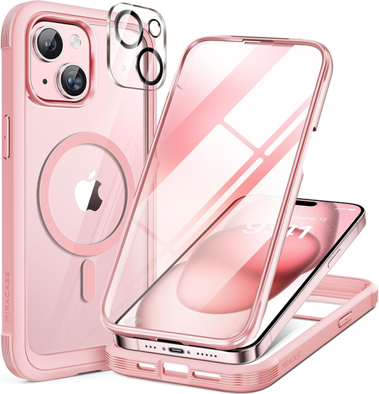 Miracase Glass Series for iPhone 15 Case [Compatible with MagSafe] Full-Body Magnetic Case with Built-in 9H Tempered Glass Anti-Fingerprint Screen Protector + Camera Lens Protector, Pink and Clear : Cell Phones & Accessories