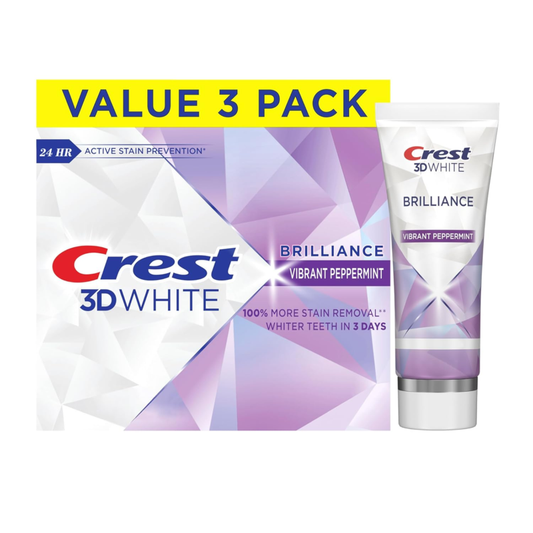 Crest 3D White Brilliance Vibrant Peppermint Teeth Whitening Toothpaste, 4.6 oz Pack of 3, Anticavity Fluoride Toothpaste, 100% More Surface Stain Removal, 24 Hour Active Stain Prevention : Health & Household