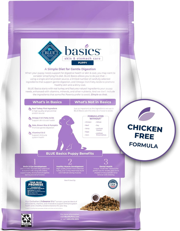 Blue Buffalo Basics Puppy Dry Dog Food for Skin & Stomach Care, Limited Ingredient Diet, Made in the USA with Natural Ingredients, Turkey & Potato Recipe, 4-lb. Bag