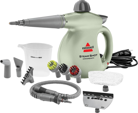 BISSELL Steam Shot OmniReach handheld portable steam cleaner for tile, grout, windows, bathrooms, kitchens, fabric steaming tool, includes 10 tools