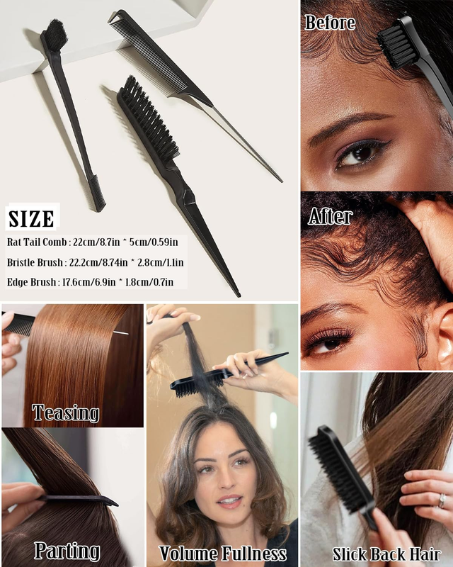 Slick Back Hair Brush Set: Hair Wax, Edge Brush, Rat Tail Comb, Bristle Brush, Hair Bun Accessories, Smoothing Brush for Women & Kids : Beauty & Personal Care