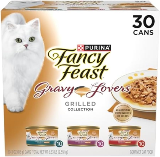 Purina Fancy Feast Gravy Lovers Poultry and Beef Grilled Gourmet Wet Cat Food Variety Pack - (Pack of 30) 3 oz. Cans : Pet Supplies