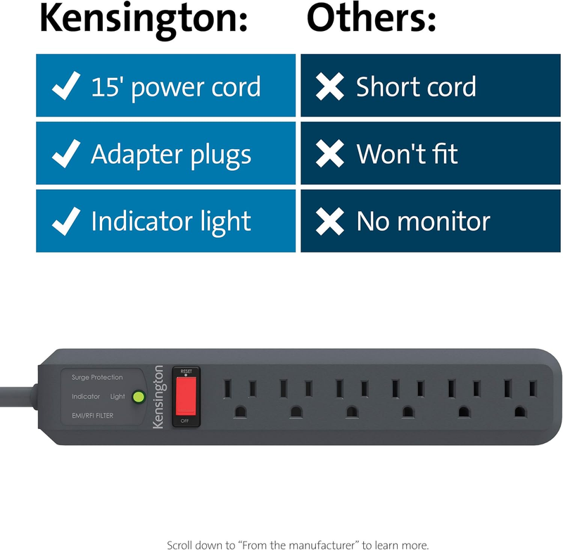 Kensington Guardian 6 Outlet Power Strip, 15ft Surge Protector, 15-Foot Cord, 540 Joules, Black(K38215NA) : Electronics