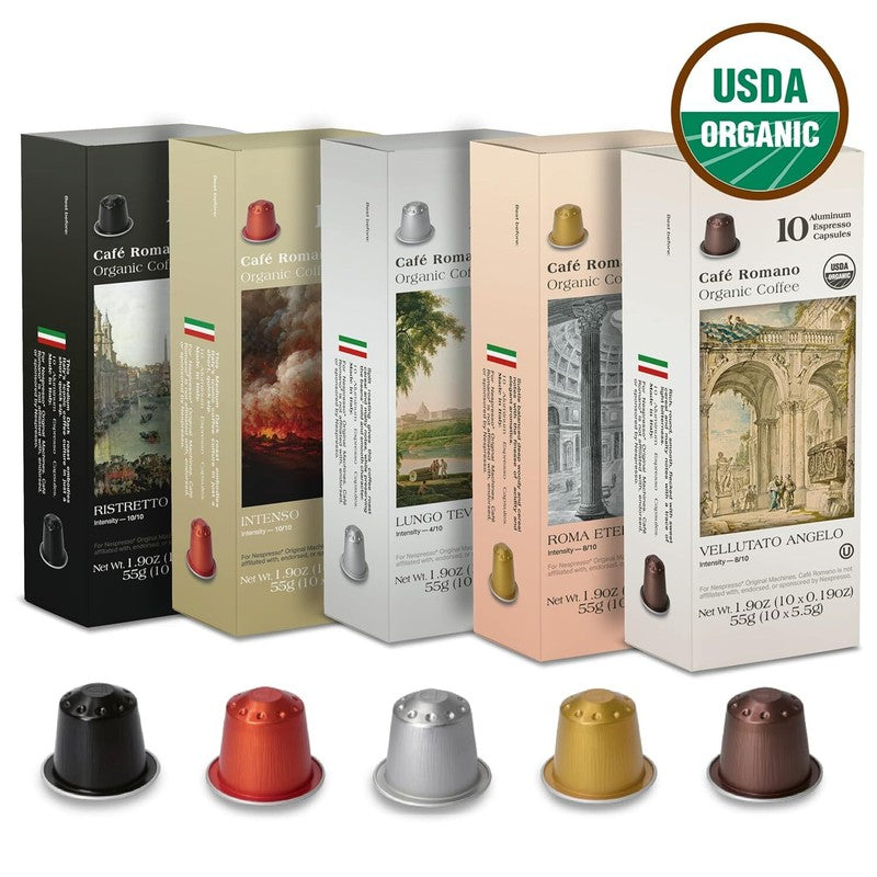 Organic USDA Café Romano Coffee Aluminum Espresso Pods For Nespresso Original Machine 100 Pack Italian Espresso Coffee (Variety pack) : Grocery & Gourmet Food
