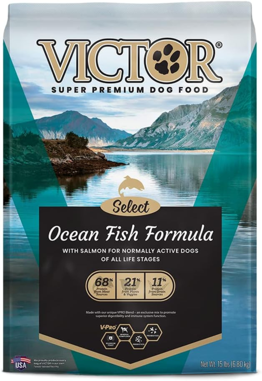 VICTOR Super Premium Dog Food – Select Ocean Fish Formula with Salmon – Omega-3 and Omega-6 Enriched Gluten-Free Dry Kibble for All Normally Active Dogs of All Life Stages, 15lbs : Pet Supplies