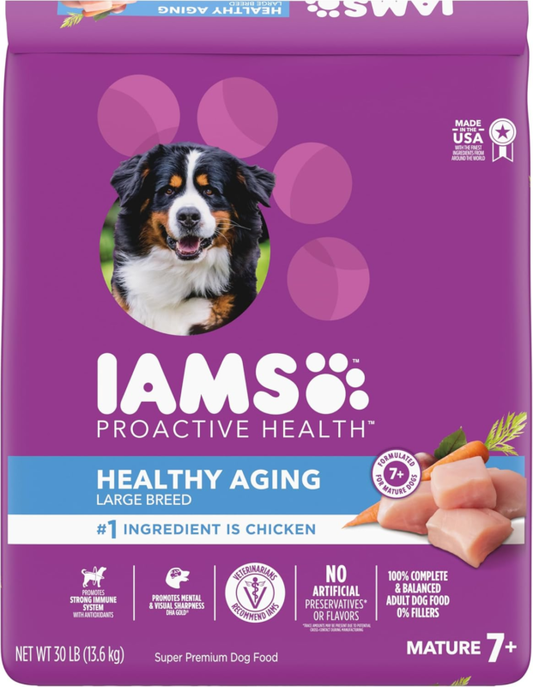 IAMS Proactive Health Healthy Aging Large Breed Dog Food for Mature and Senior Dogs with Real Chicken, 30 lb. Bag : Pet Supplies