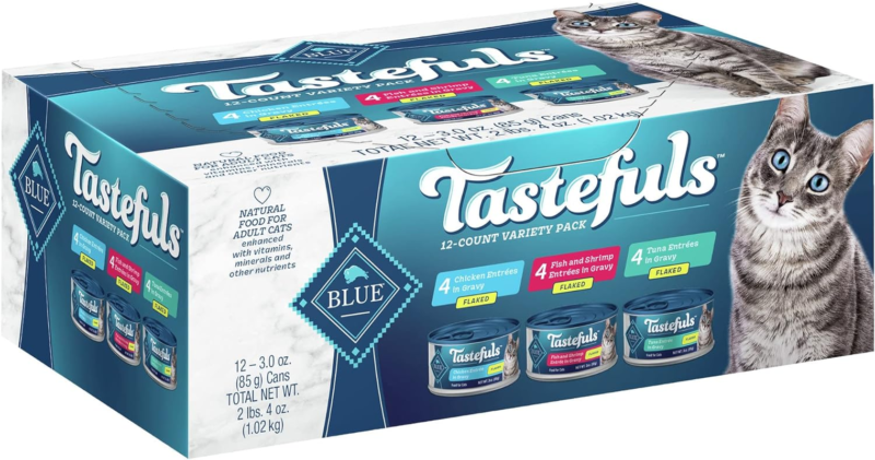 Blue Buffalo Tastefuls Flaked Wet Cat Food Variety Pack, Made with Natural Ingredients, Tuna, Chicken, Fish & Shrimp, 3-oz Cans (12 Count, 4 of Each)