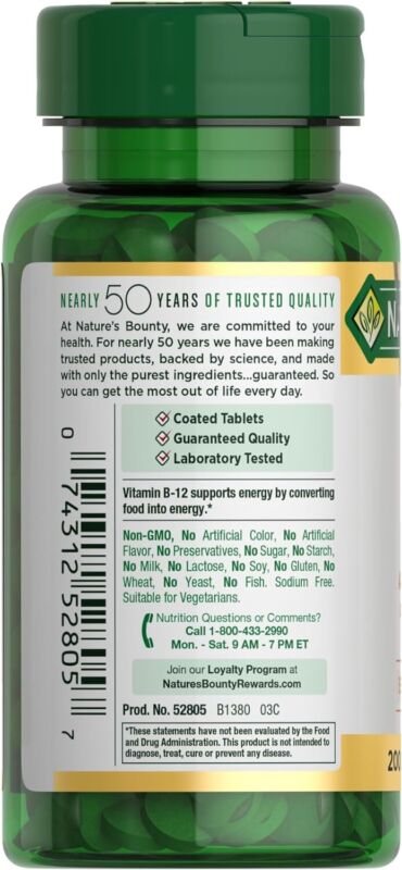Nature's Bounty Vitamin B12 1000 mcg Supplements, Supports Energy Metabolism, 200 Coated Tablets : Health & Household