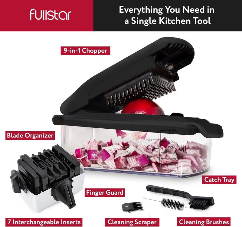 Fullstar Vegetable Chopper and Spiralizer - Food Chopper with Container, Fruit Slicer, Kitchen Gadgets & Accessories, Home Essentials (9 in 1, Black): Home & Kitchen