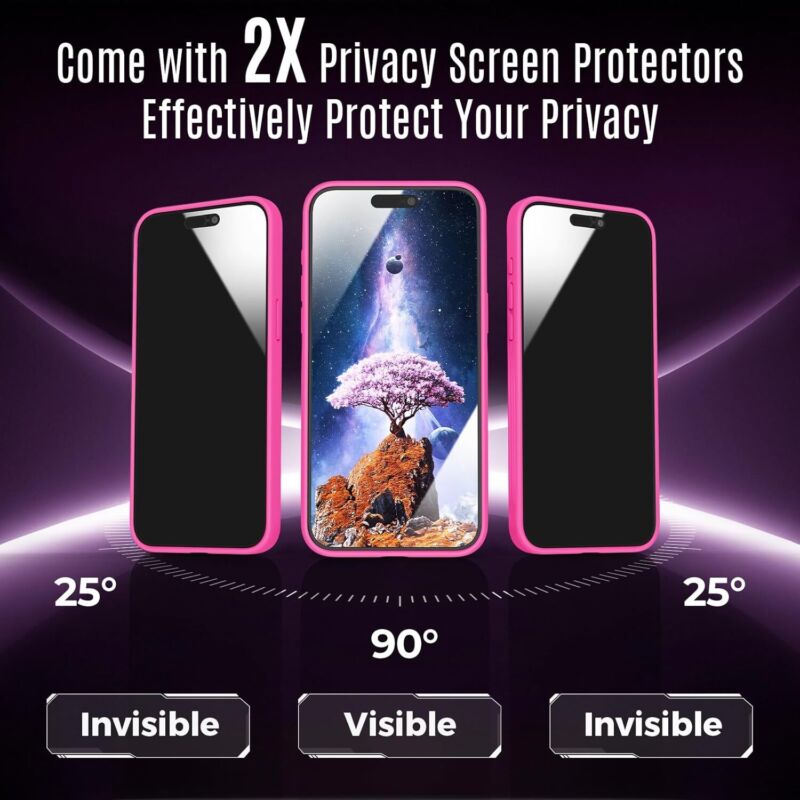 Symcele Designed for iPhone 15 Case, Compatible with MagSafe, with Privacy Screen Protectors X2, [Camera Protection] [15FT Military Drop Protection] Shockproof Phone Case, 6.1", Hot Pink : Cell Phones & Accessories