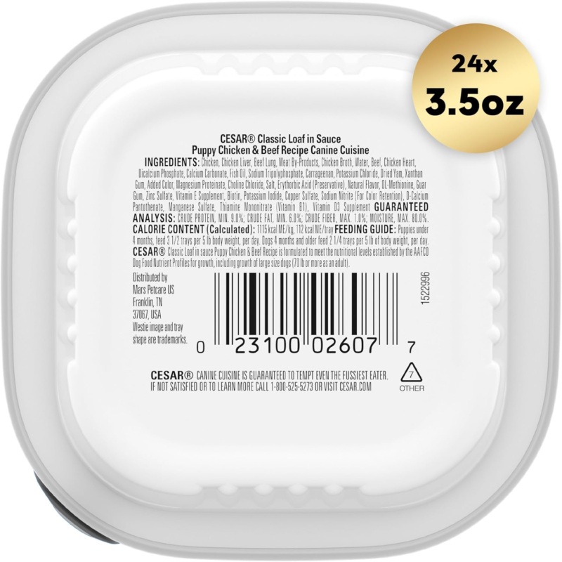 CESAR Puppy Wet Dog Food Classic Loaf in Sauce Chicken & Beef Recipe, (24) 3.5 oz. Easy Peel Trays: Canned Wet Pet Food: Pet Supplies: Amazon.com