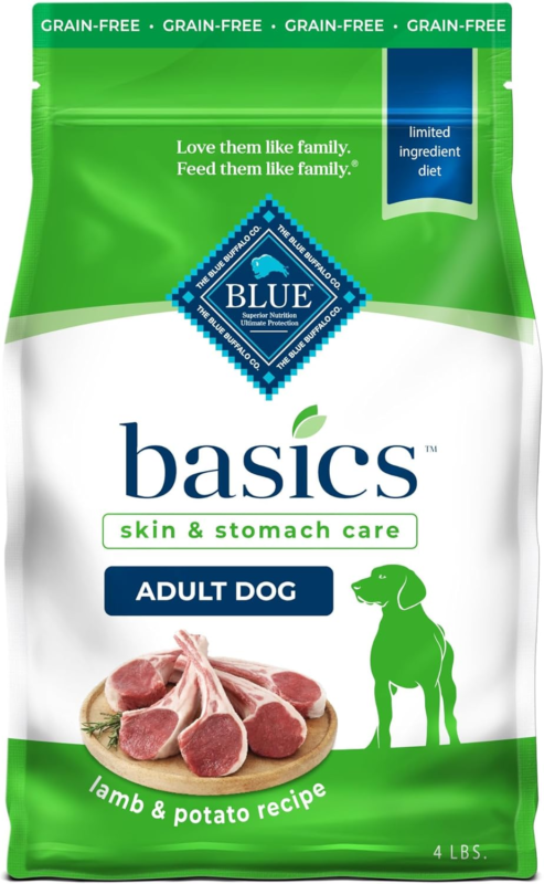 Blue Buffalo Basics Adult Grain-Free Dry Dog Food for Skin & Stomach Care, Limited Ingredient Diet, Made in the USA with Natural Ingredients, Lamb & Potato Recipe, 4-lb. Bag : Pet Supplies
