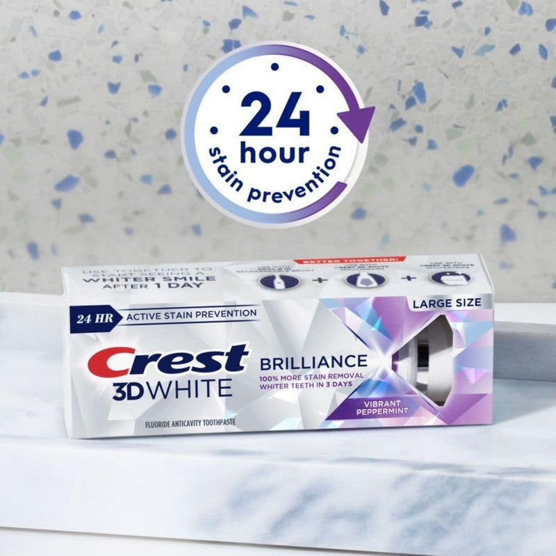 Crest 3D White Brilliance Vibrant Peppermint Teeth Whitening Toothpaste, 4.6 oz Pack of 3, Anticavity Fluoride Toothpaste, 100% More Surface Stain Removal, 24 Hour Active Stain Prevention : Health & Household