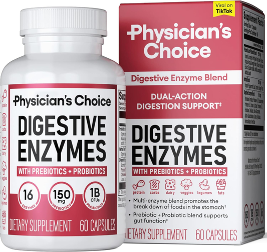 Physician's CHOICE Digestive Enzymes - Multi Enzymes, Organic Prebiotics & Probiotics for Digestive Health & Gut Health - Meal Time Discomfort Relief & Bloating - Dual Action Approach - 60 CT : Health & Household