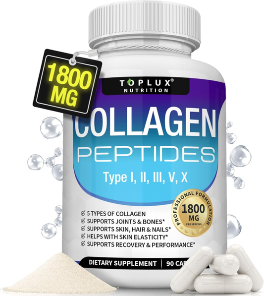 Toplux Multi Collagen Peptides Pills 1800 Mg Complex - Type I, II, III, V, X Premium Collagen Complex for Better Skin & Hair, Strong Joint, Hydrolyzed Protein, for Men Women, 90 Capsules, Supplement : Health & Household